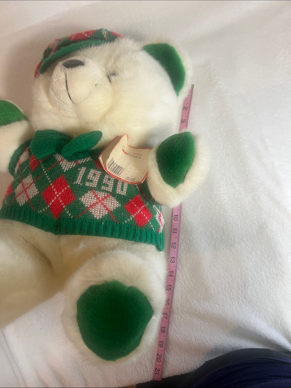 Plush white SantaBear 1990 KMart has tags red green argyle sweater Holiday Bear - Picture 9 of 11
